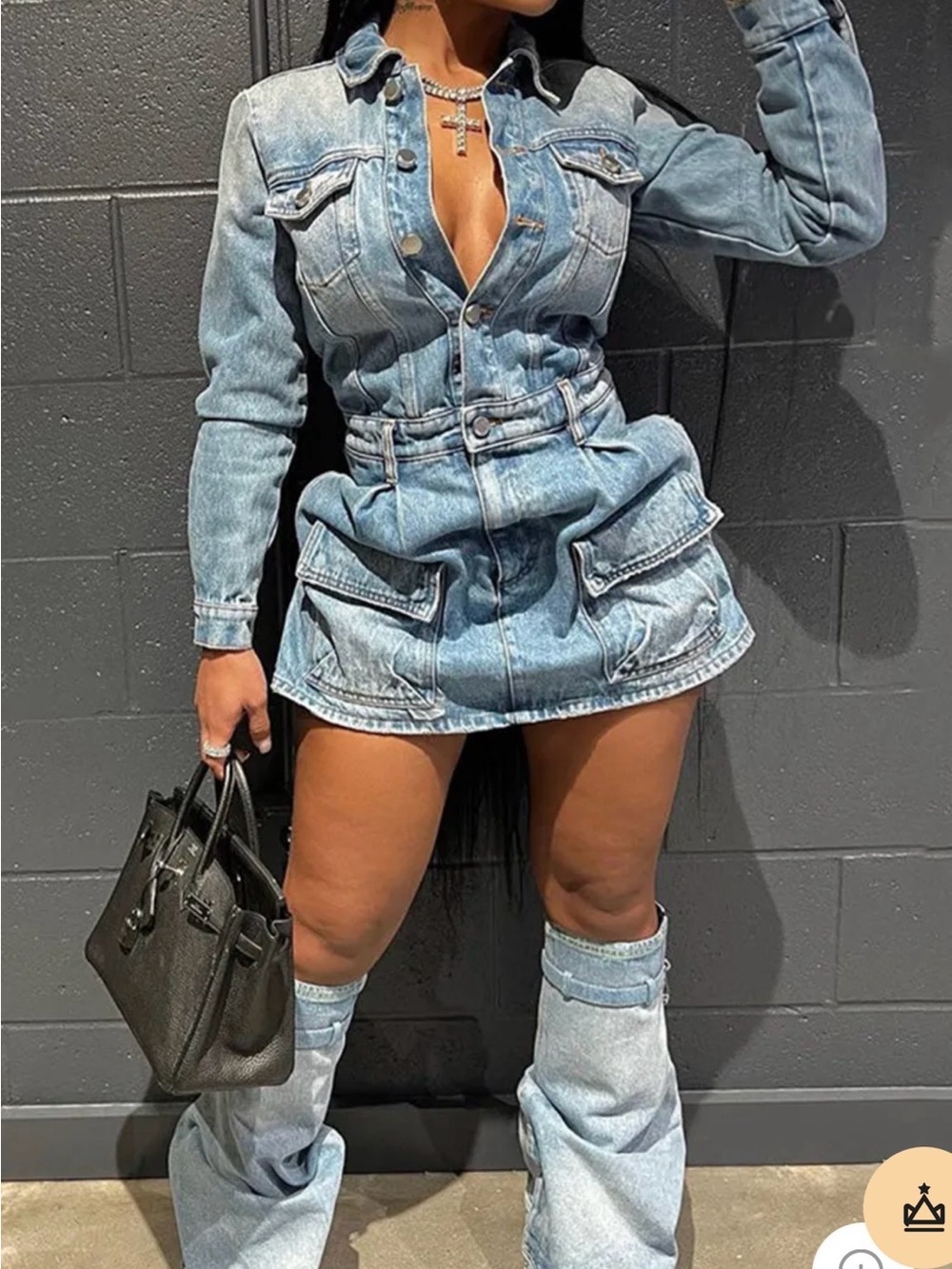 Fitted Light Wash Denim Mini Dress with Utility Pockets